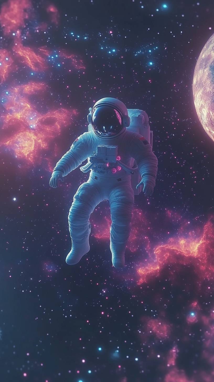 Uma cena espacial surrealista com um astronauta flutuando entre estrelas e planetas, criando uma atmosfera futurista e expansiva.