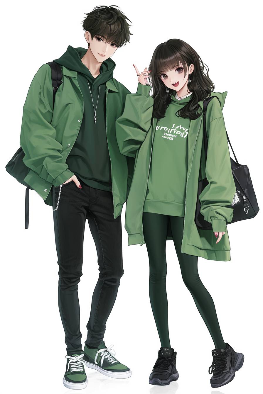 A realistic anime couple in matching casual outfits: he wears a green bomber jacket, and she wears a green oversized hoodie.