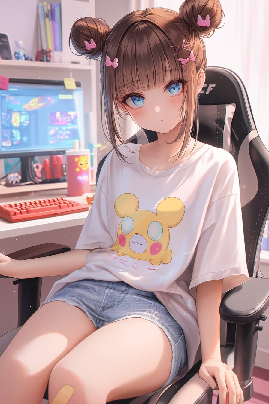 NewJeans Hanni Stil, Anime-Illustration, übergroßes T-Shirt mit Charakterdruck, süße Shorts, Zopf-Frisur, Gaming-Setup-Hintergrund