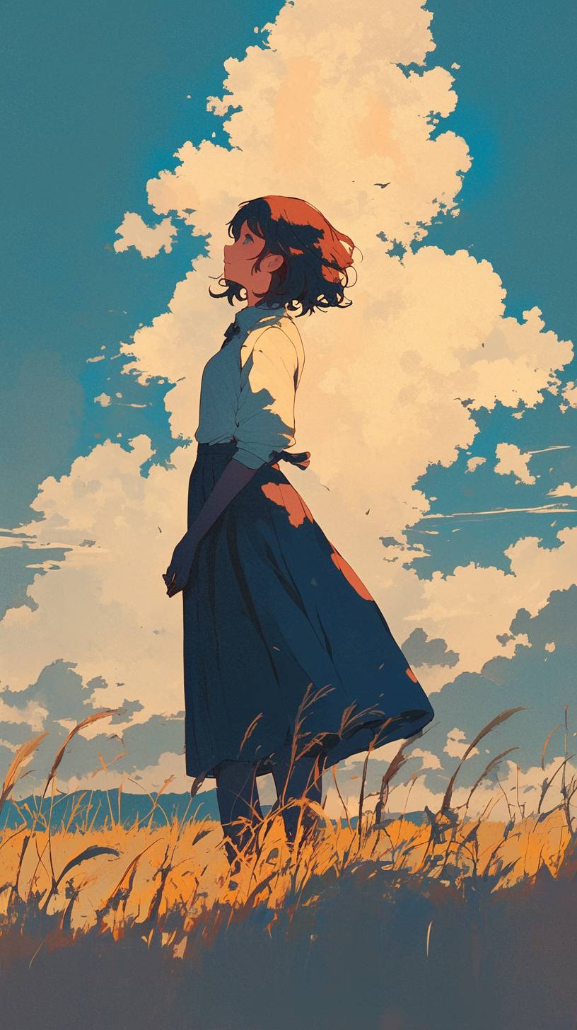 A soft anime character in an open field with muted tones and a minimalist horizon.