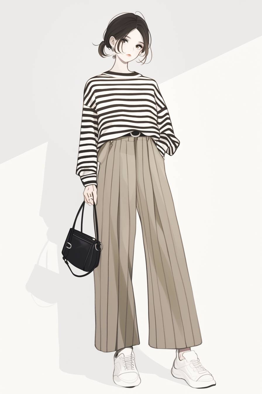 An anime girl in an elegant yet casual striped long-sleeve shirt tucked into high-waisted wide-leg pants, inspired by Jennifer Lawrence.