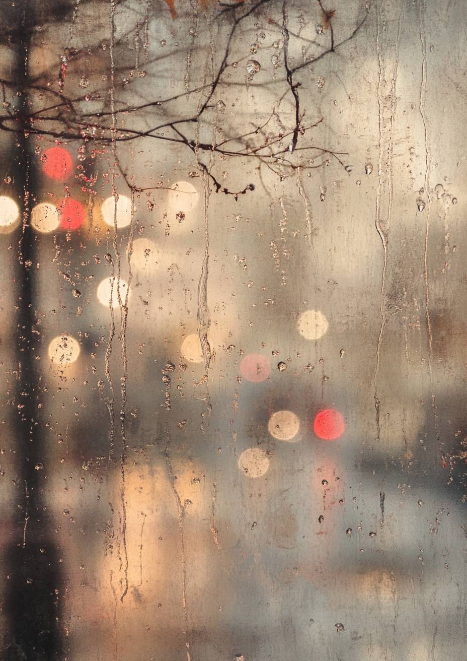 Gotas de chuva delicadas em uma janela, desfoque suave, clima tranquilo.