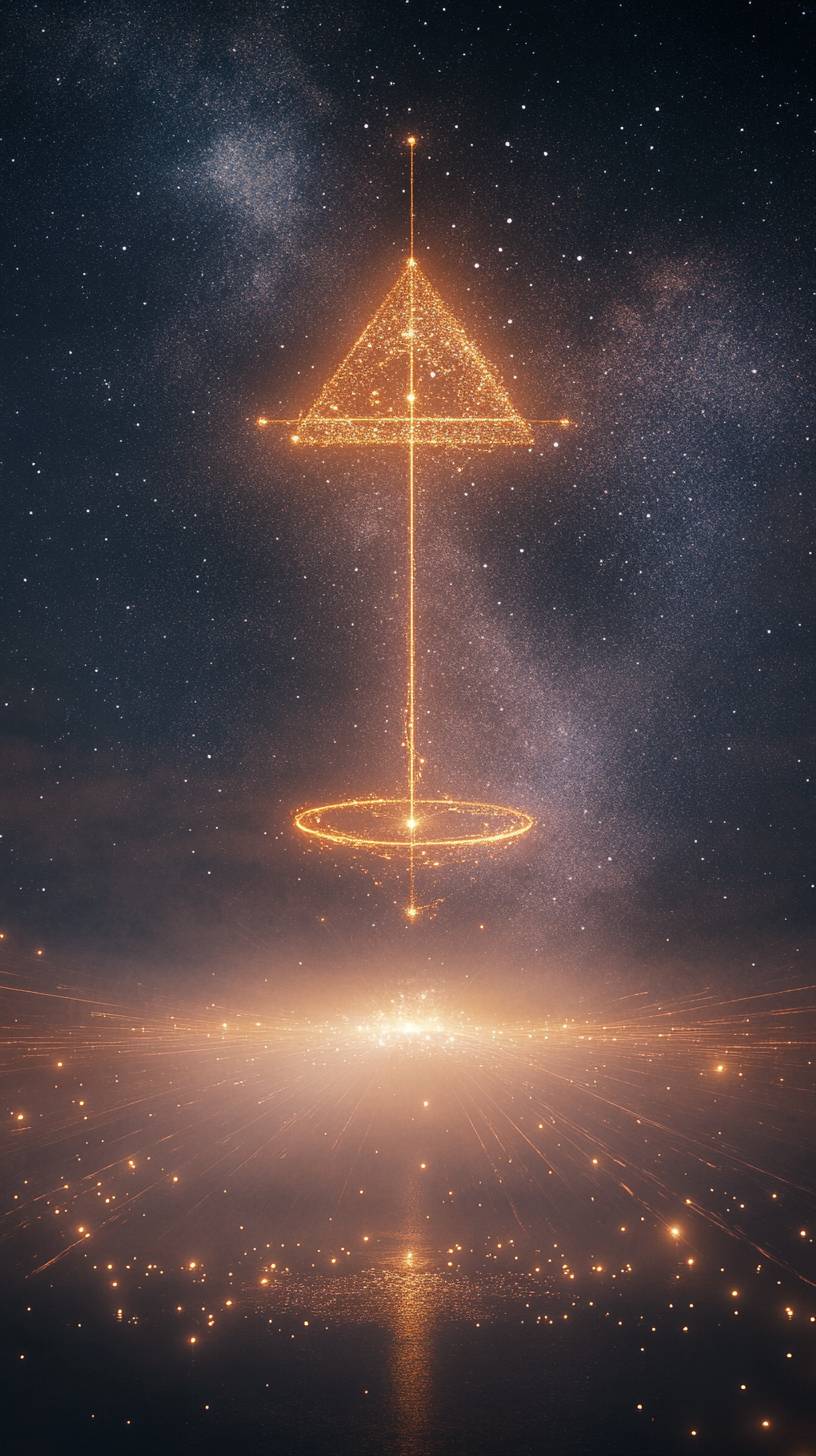 Um símbolo de Libra brilha etereamente sobre um céu estrelado, com raios de luz se estendendo até as bordas da tela.