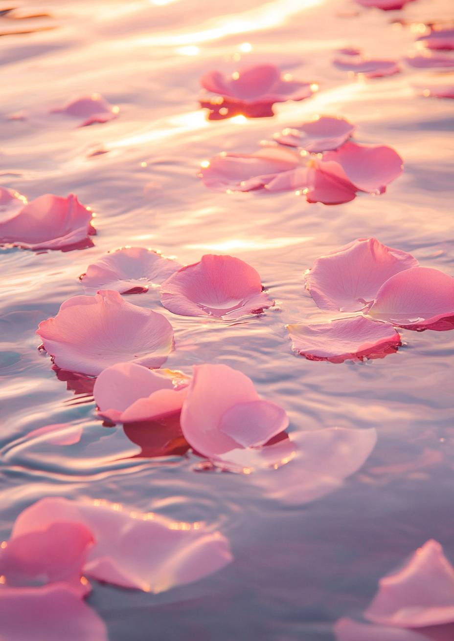 Pétalos de rosa suaves flotan en agua tranquila, con reflejos de luz y un sutil degradado de rosa pálido.