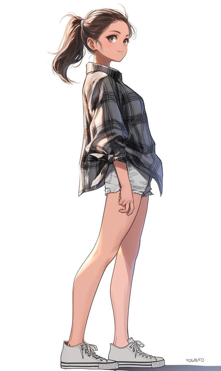 Ein Cartoon-Mädchen mit einem glatten Pferdeschwanz, das ein um die Taille gebundenes kariertes Hemd, weiße Denim-Shorts und Converse-Sneakers trägt.