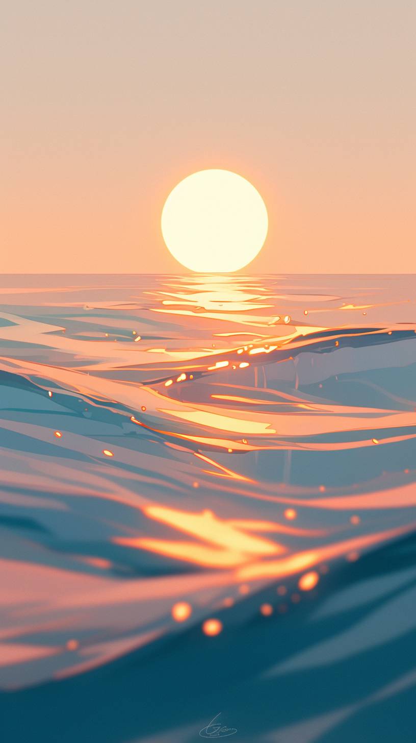 Calm ocean waves with sunset hues, soft gradient orange and yellow, peaceful minimalist design.