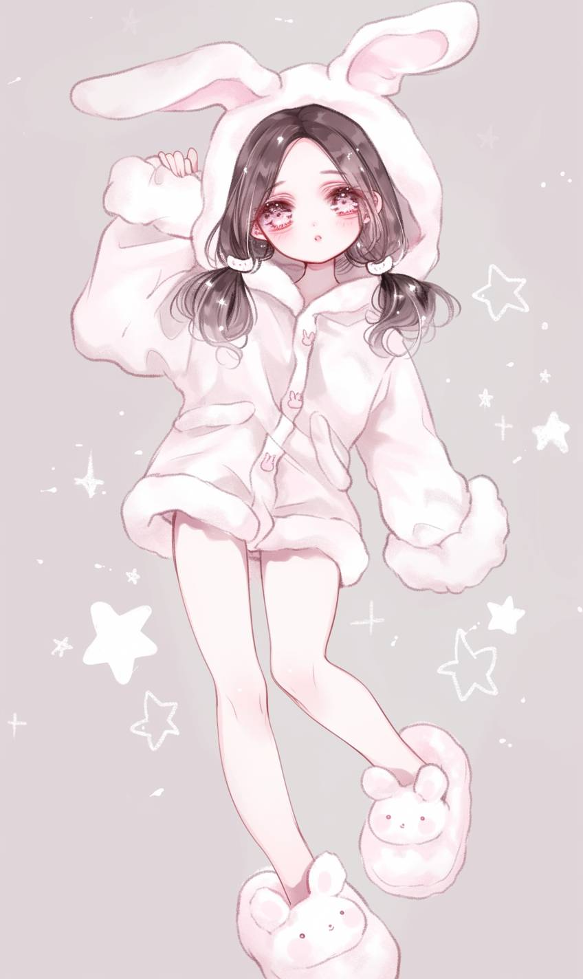 A girl in a Twice Nayeon style bunny-themed pajama set with fluffy ear slippers and space buns hairstyle.