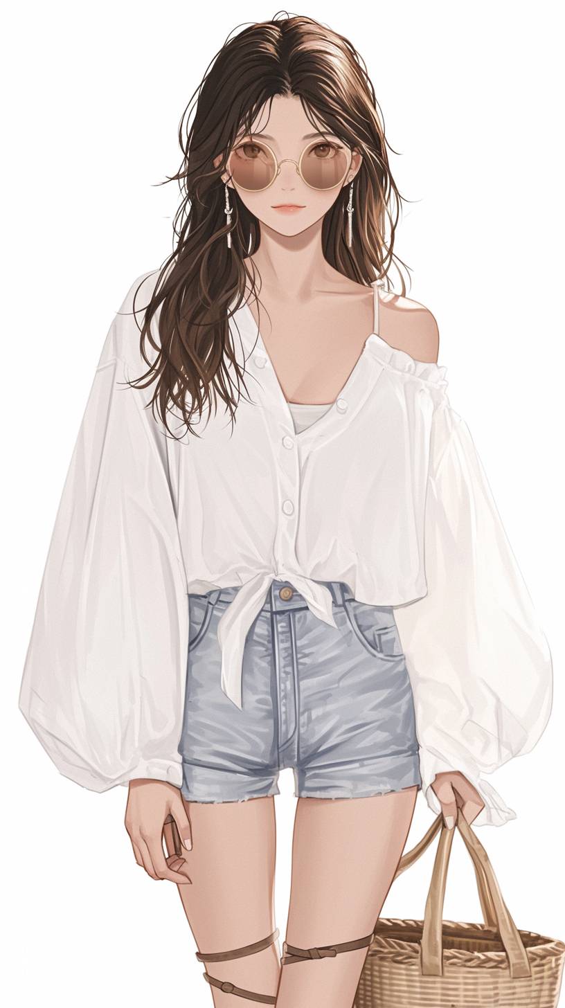 Anime girl in a white oversized shirt and high-waisted denim shorts, inspired by Zendaya's beach vibe.