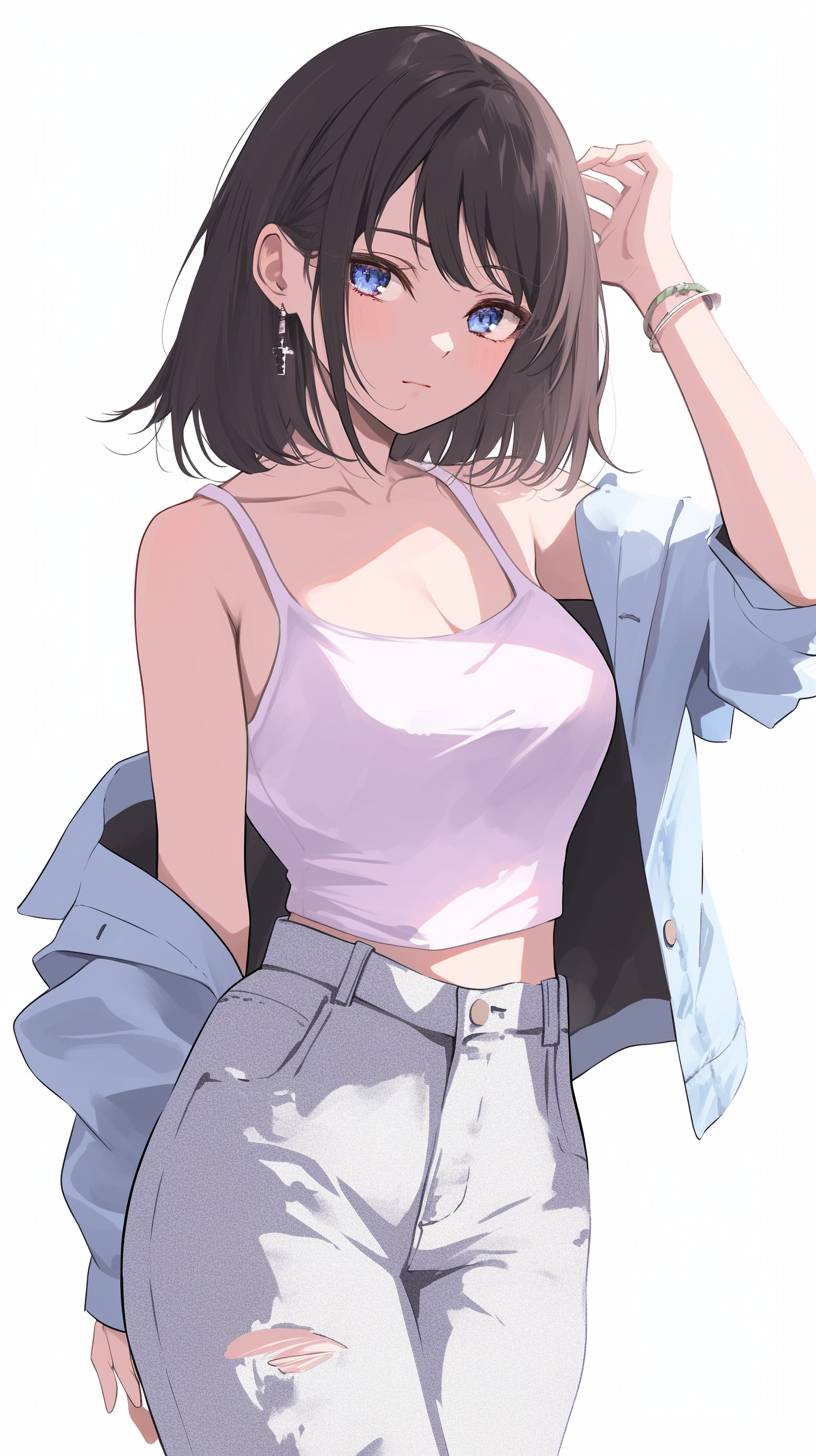 Chica de anime con una camiseta sin mangas y jeans boyfriend desgastados, estilo casual y moderno