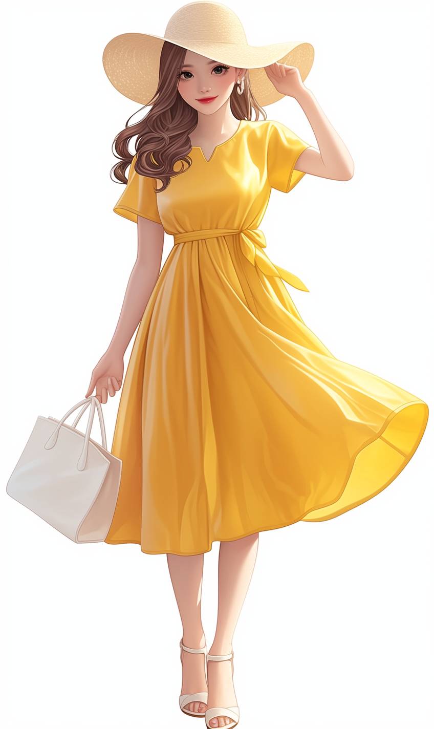 Uma garota de anime CG realista em um vestido amarelo brilhante, sandálias brancas e um chapéu de palha de aba larga, representando o estilo de verão.