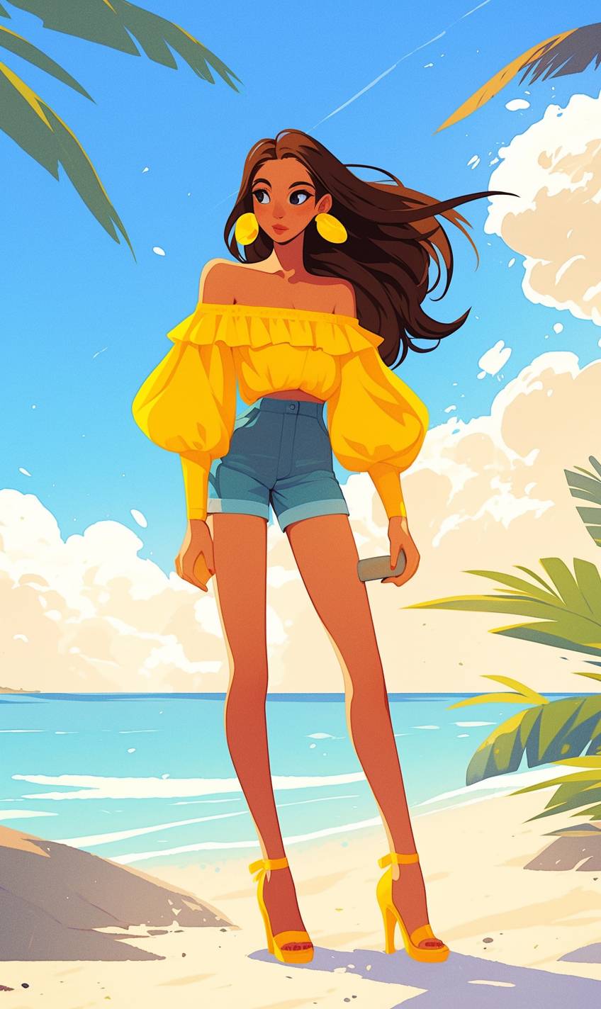 Una mujer de dibujos animados lleva un brillante top amarillo sin hombros, shorts de alta cintura y sandalias con tiras, con una vibra de playa soleada.