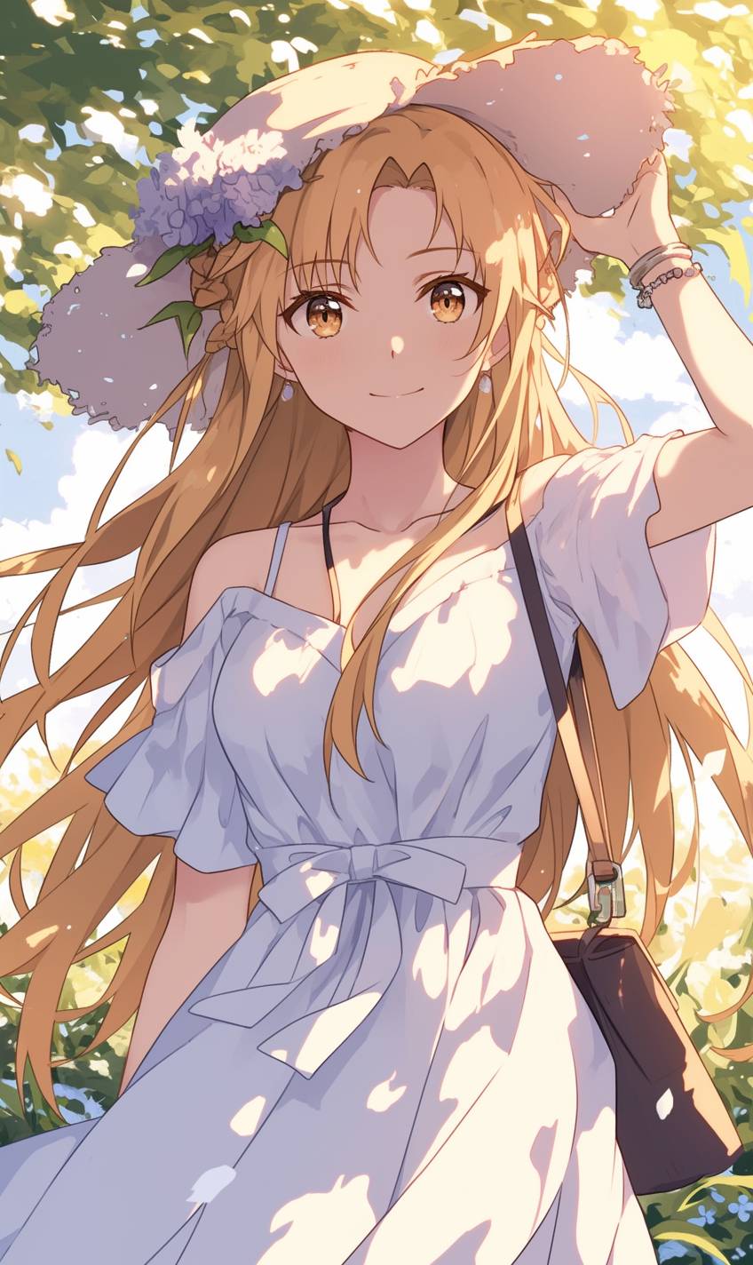 Yuuki Asuna de Sword Art Online em um vestido rosa claro e sandálias brancas, carregando uma bolsa e caminhando elegantemente em um jardim.