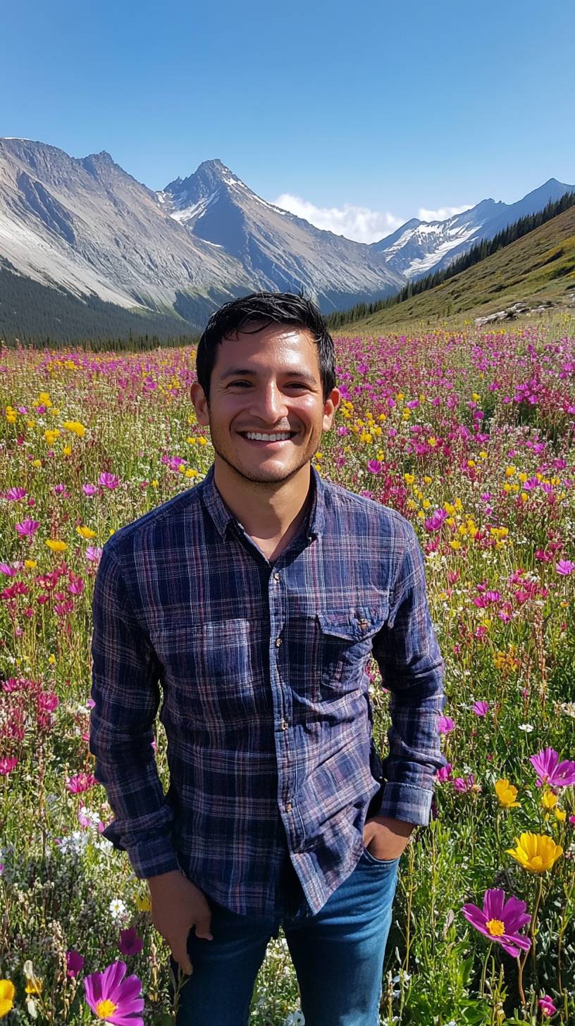 Mountain wildflowers in morning light, dew drops sparkling, distant peaks, and crisp clear air.