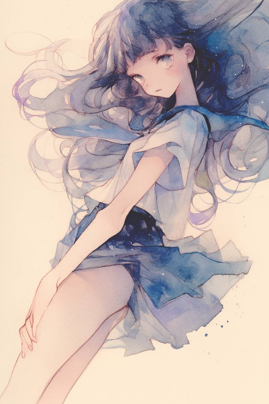 Fille d'anime simple avec des cheveux flottants, sur un fond aquarelle doux.