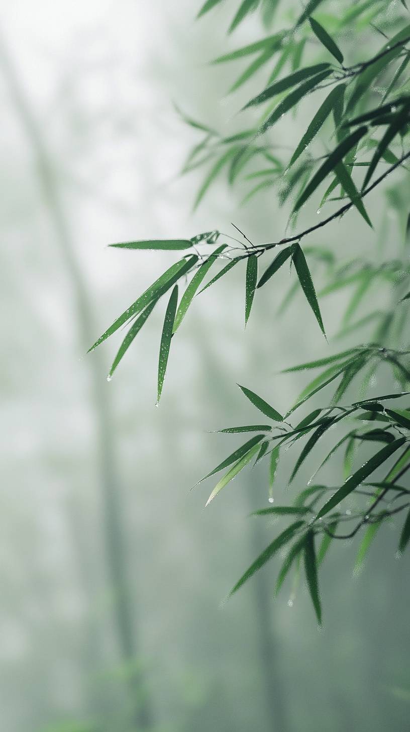 A névoa da manhã percorre a floresta de bambu, criando uma atmosfera serena com orvalho nas folhas.