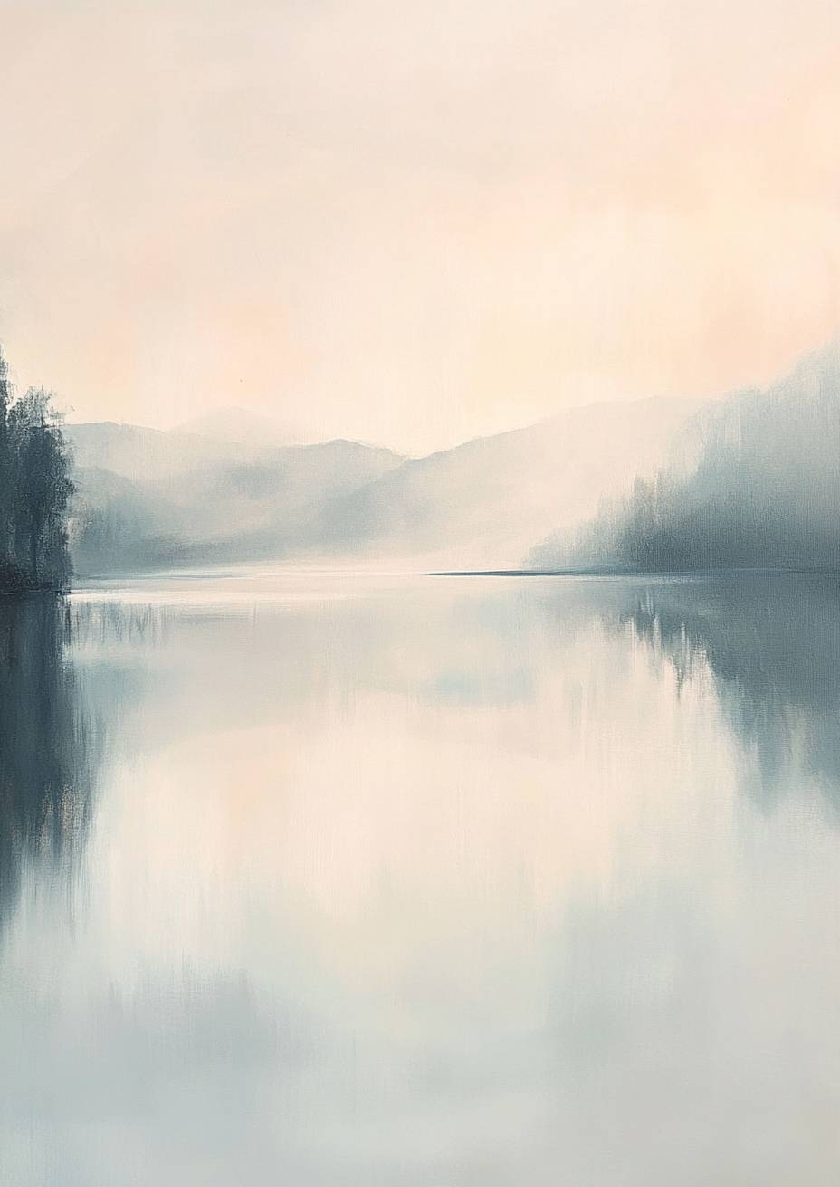 Gentle mist covering a calm lake, soft reflections, pastel colors, serene early morning.