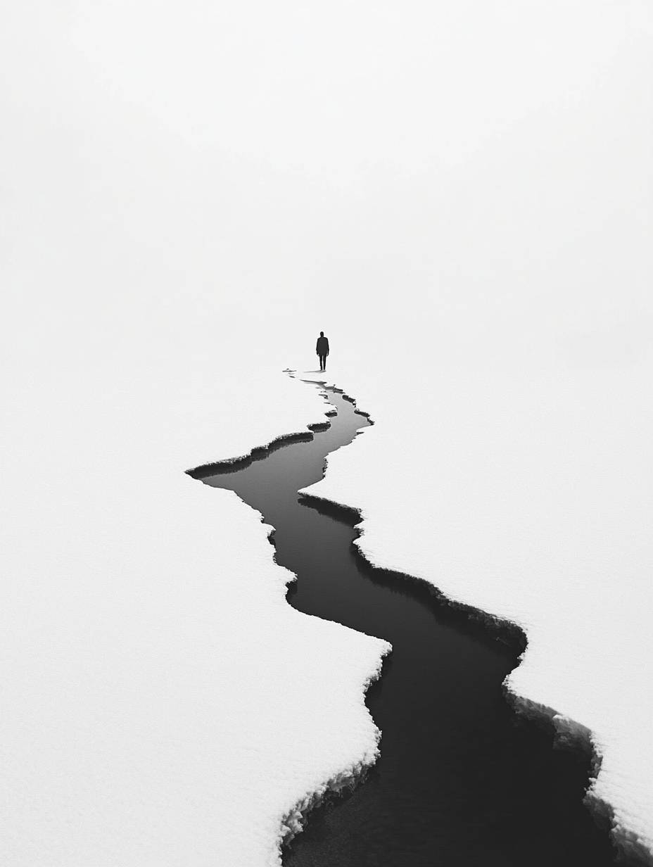 A minimalist black and white photograph depicting a white world with a man and a river in the distance, conveying a pure feeling, awarded for its quality.