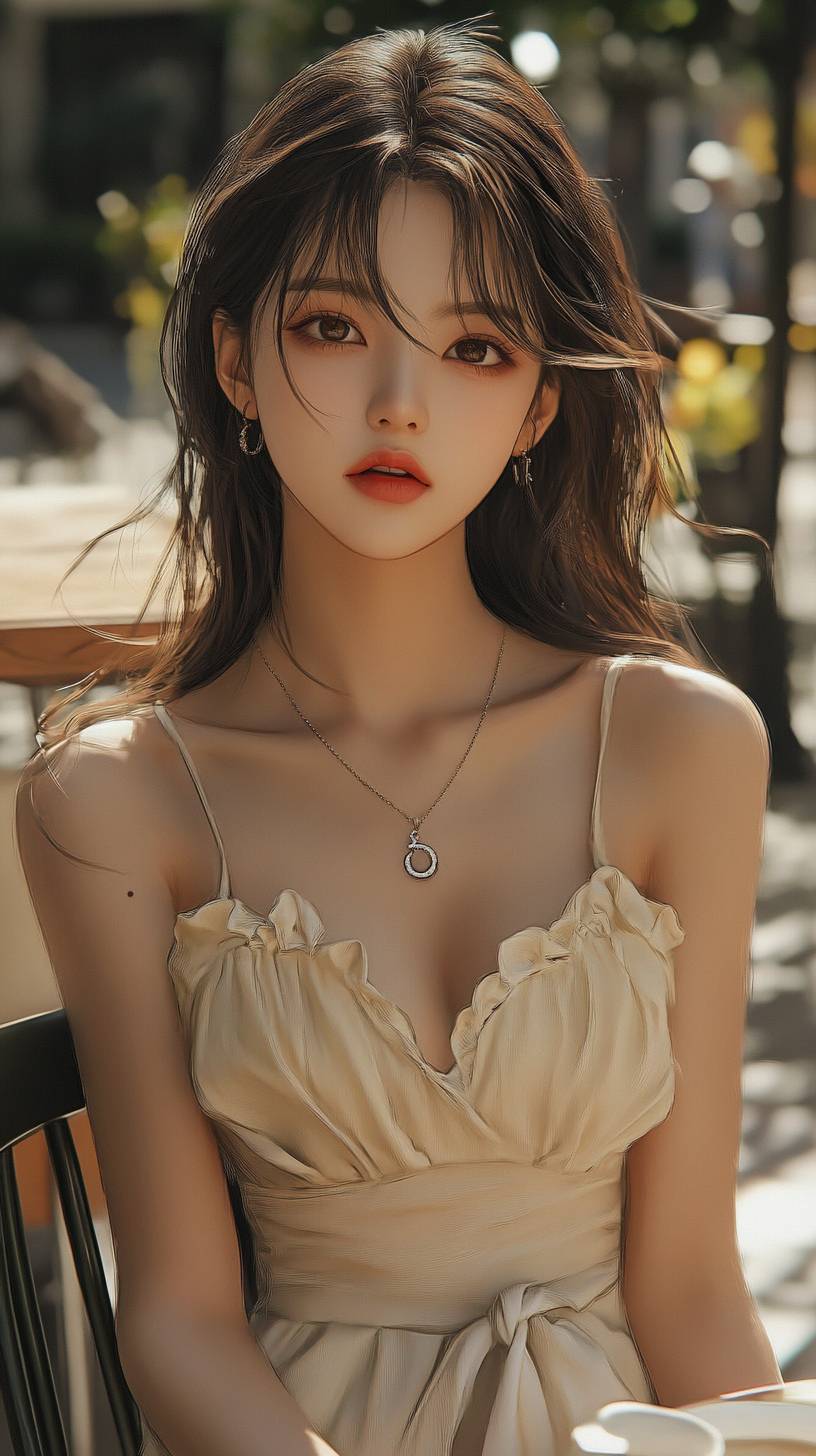 Suzy Bae lleva un elegante vestido de día de Dior con joyas minimalistas y un look de maquillaje natural en una terraza de café.