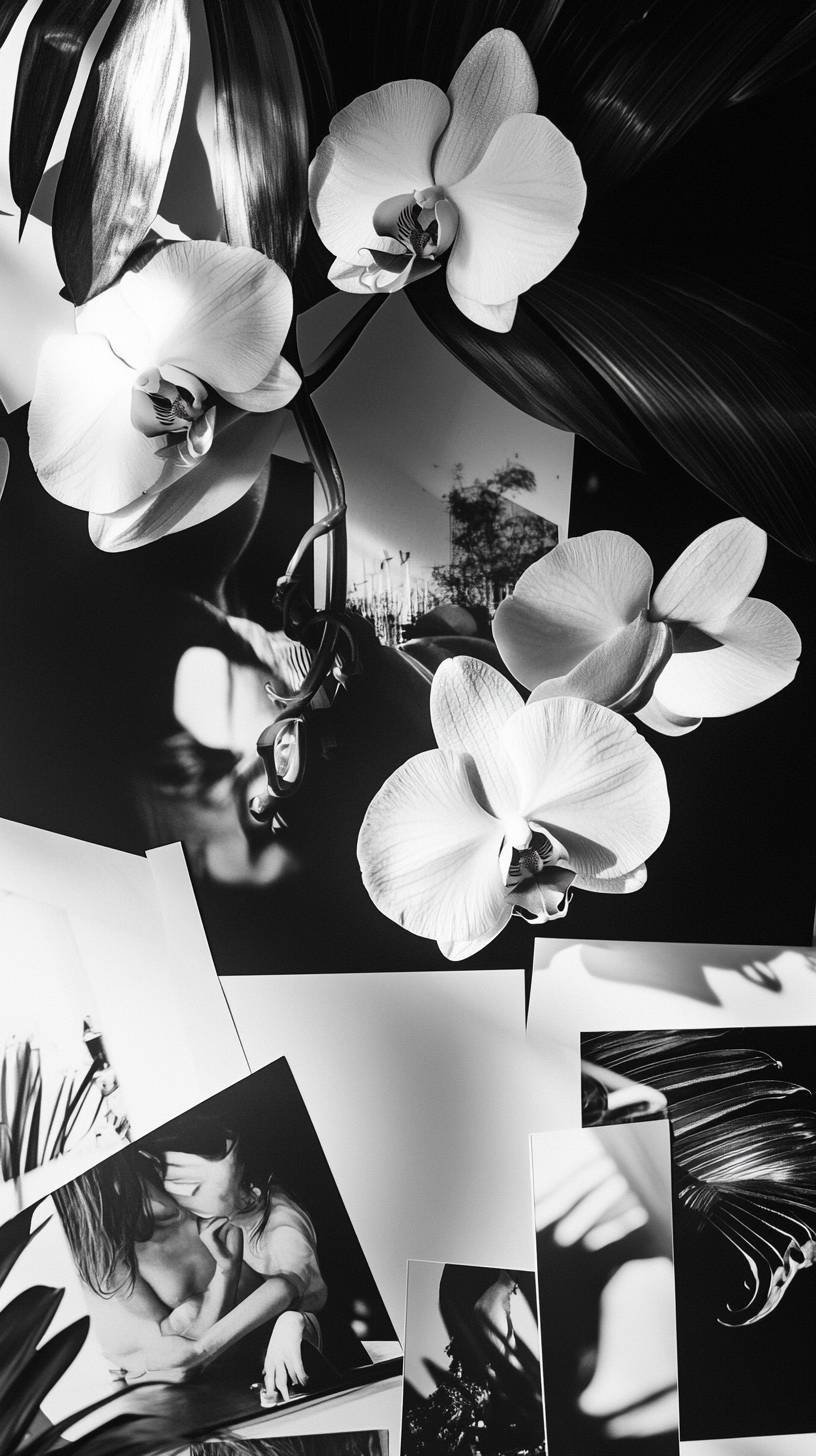 The creative director's office features mood boards, magazine layouts, an orchid plant, and black and white photography, showcasing high-end interior design.