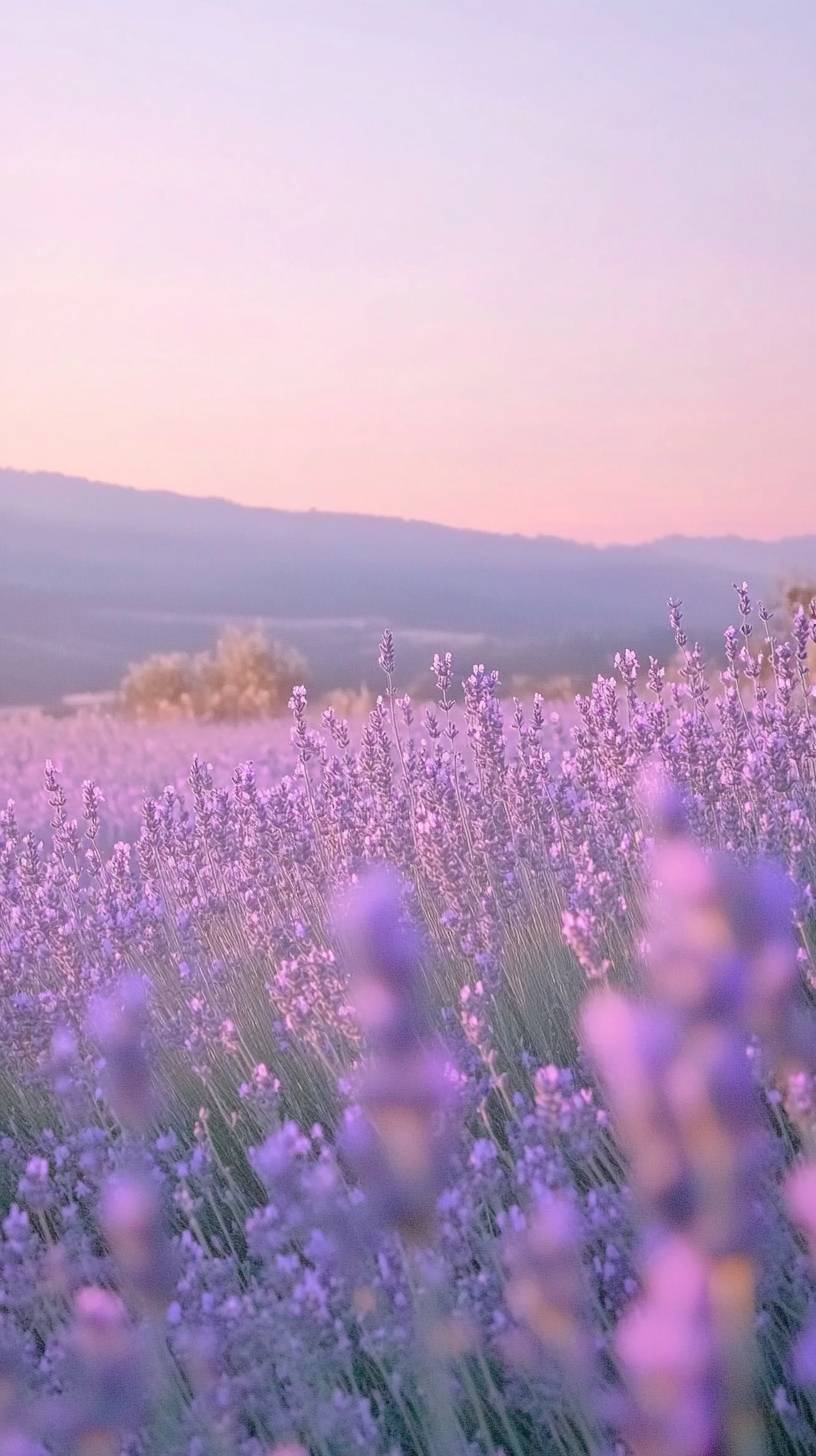 Amanecer en el campo de lavanda, luz de miel, rocío matutino, atmósfera de Provenza.