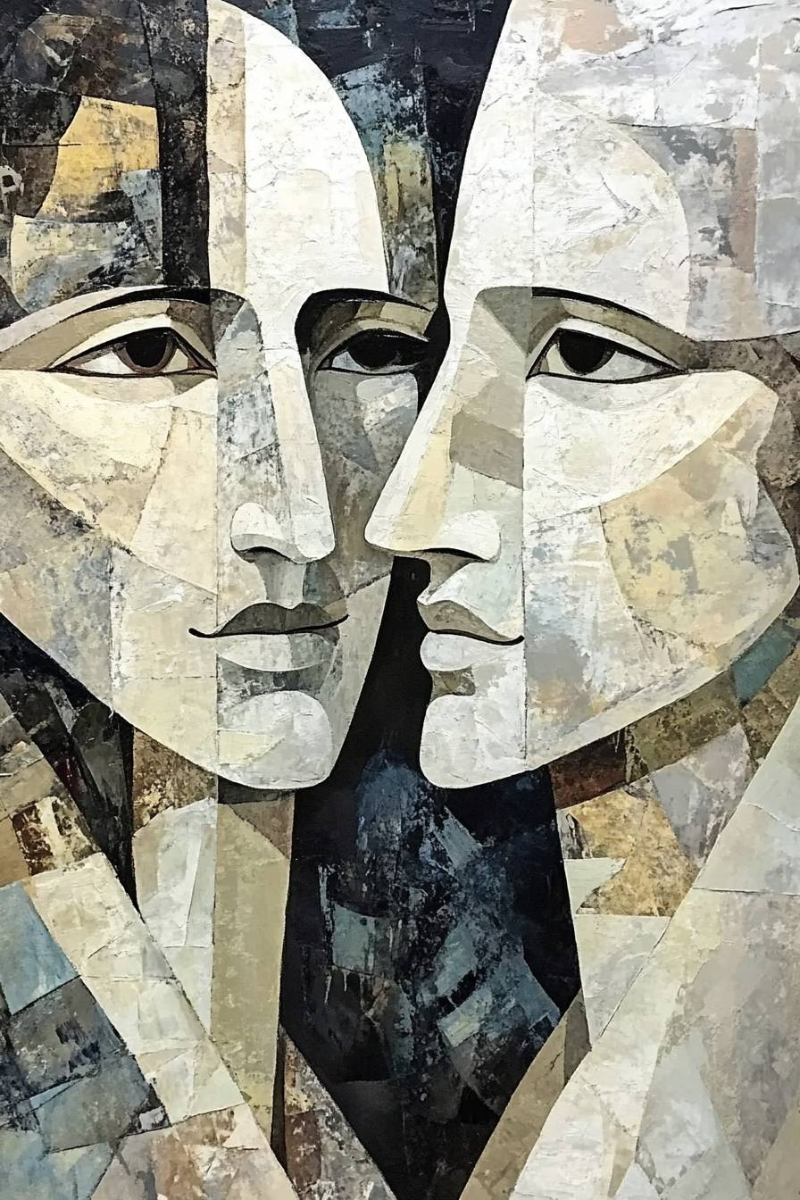 A portrait artwork of an abstract face in a minimalist style using neutral tones, inspired by Picasso.