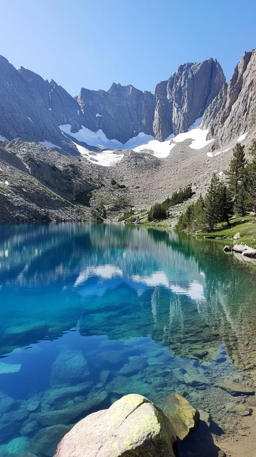 Lago glacial alpino, águas turquesa, reflexos das montanhas, natureza intocada.