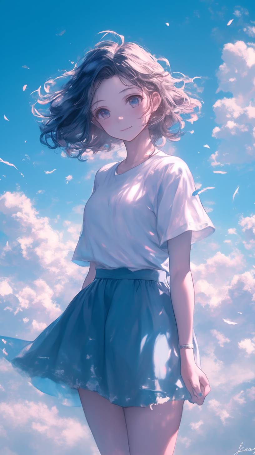 Chica de anime simple y elegante, con nubes suaves de fondo y tonos de acuarela suaves.