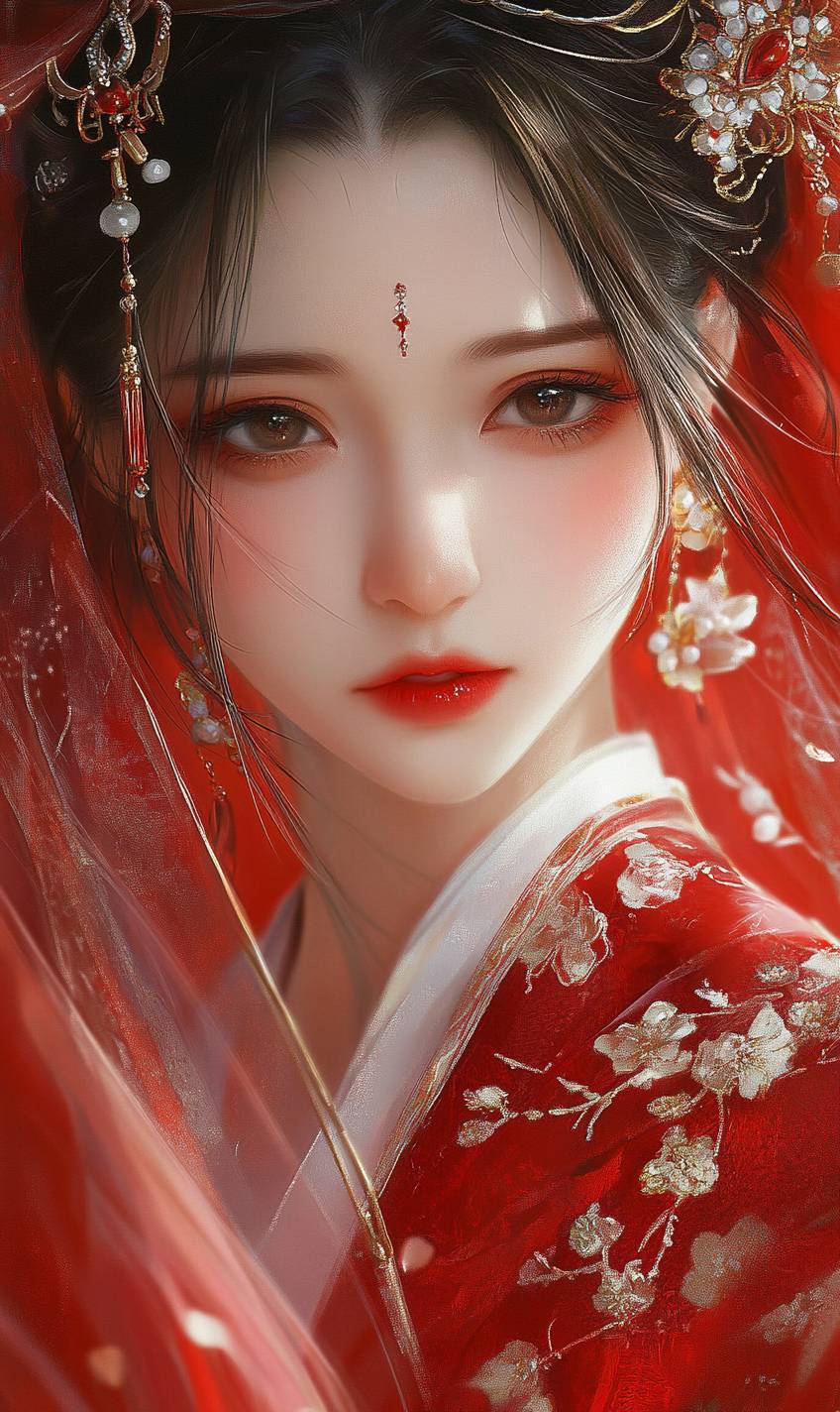 A imagem apresenta uma mulher em um vestido de noiva vermelho, destacando sua beleza e charme tradicional chinês.