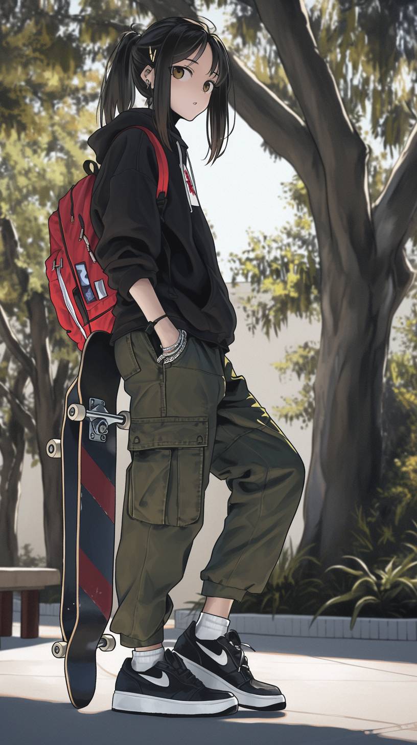 A girl wearing a Supreme hoodie, cargo pants, and Jordan 1, carrying an MCM backpack while skateboarding in an urban park.