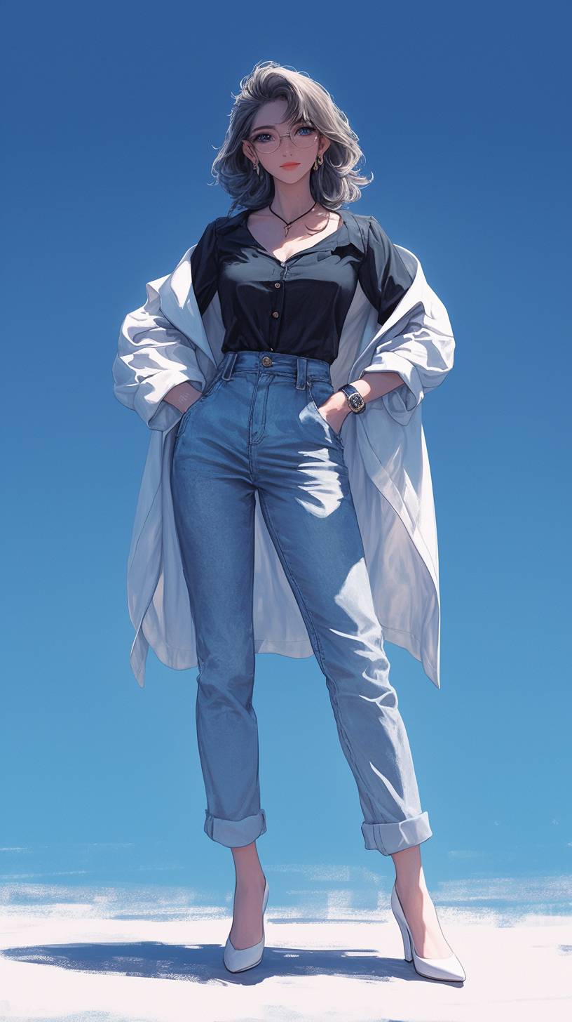 A Singapore anime girl in a light blue silk blouse and tailored trousers, with a trendy clutch bag, against a backdrop of modern skyscrapers.