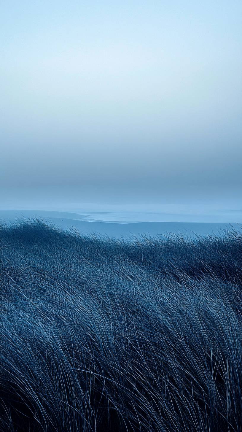 Coastal dunes at dawn with sea grass swaying, showcasing a pristine shoreline.