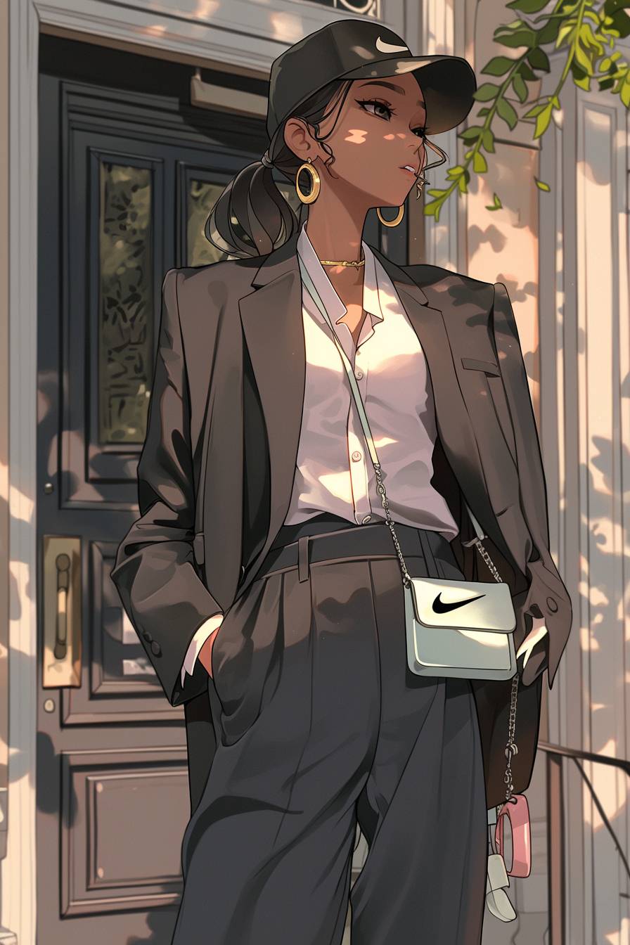 A girl is wearing a Frankie Shop suit and Nike Blazer, paired with a crossbody bag, showcasing modern workwear style.