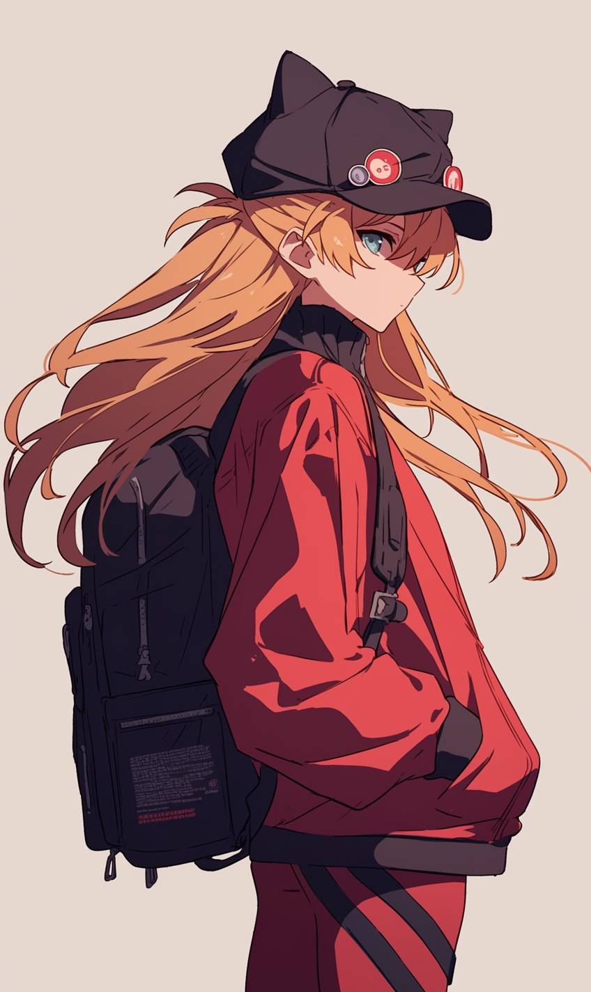 Asuka Langley de Evangelion vestindo roupas de rua, moletom vermelho e leggings pretas, caminhando pela cidade com uma vibe confiante e estilosa.