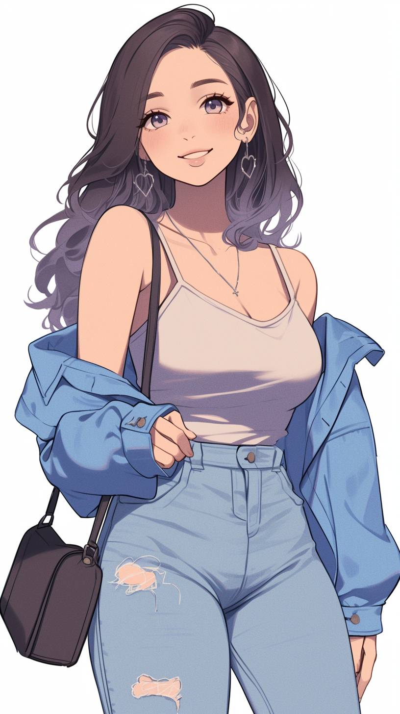 Uma garota de anime com uma camiseta justa e jeans rasgados, exibindo uma moda descontraída e uma vibração jovem, perfeita para um dia casual.