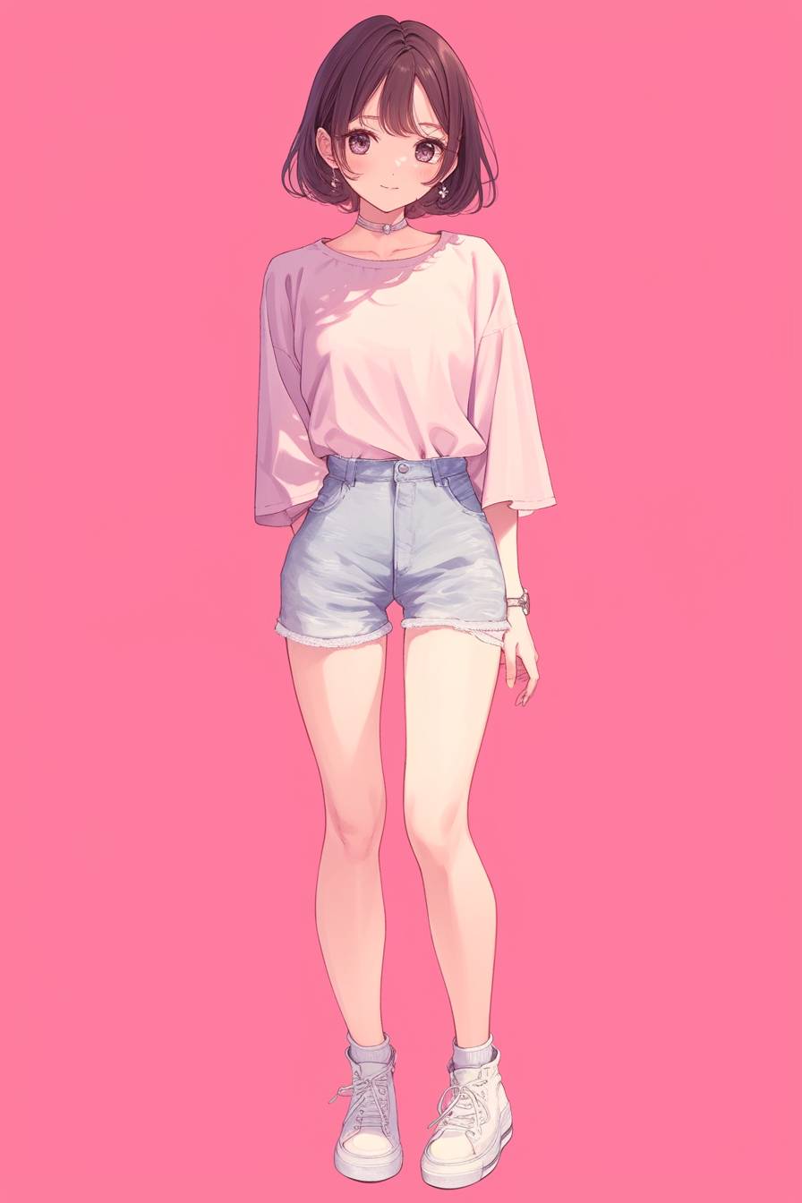 Uma garota de anime com uma blusa de cores pasteis, shorts de jeans de cintura alta e tênis brancos exibe um estilo de verão fofo e casual.