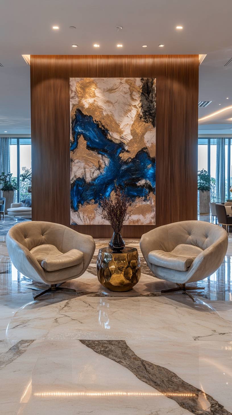 Boutique hotel lobby with marble floors, abstract art, designer furniture, and soft ambient lighting.