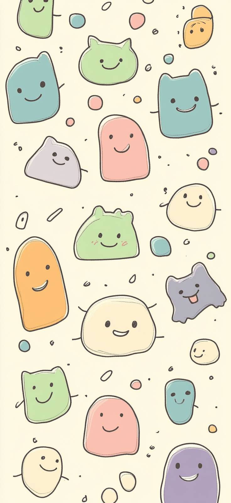 Un fondo de pantalla vertical para teléfono con personajes de dibujos animados lindos en un estilo de garabato alegre con colores pastel.