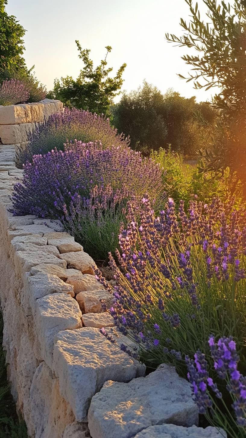 Jardim de ervas do Mediterrâneo com arbustos de lavanda e paredes de pedra à luz quente da noite.