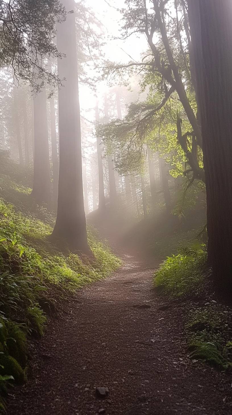 Sendero de secuoyas brumoso, rayos de luz de la mañana, árboles antiguos, atmósfera etérea