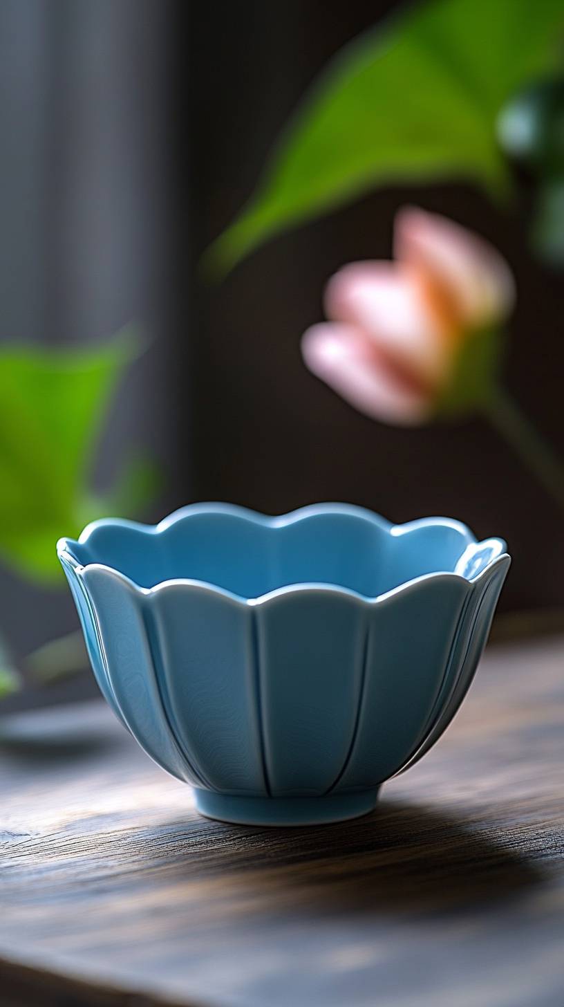 Beautiful magazine photos of Song Dynasty Ru ware, baby blue, azure crackled glaze, flower-shaped cup, simple and elegant design, HD details, Zen.