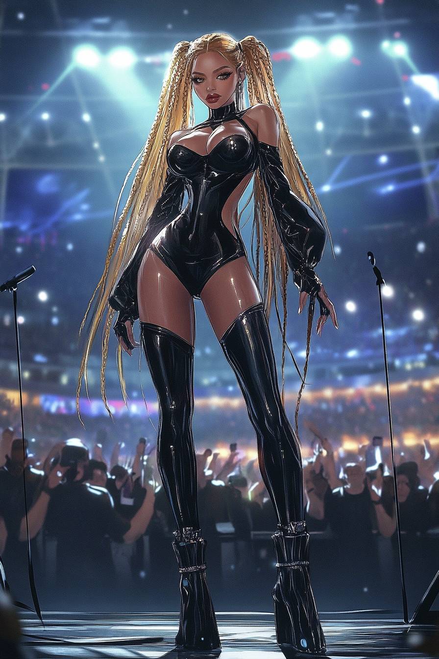 Un personaje de anime viste un bodysuit personalizado de Balmain y botas altas hasta el muslo, con trenzas largas, en un fondo de estadio al estilo de Beyoncé.