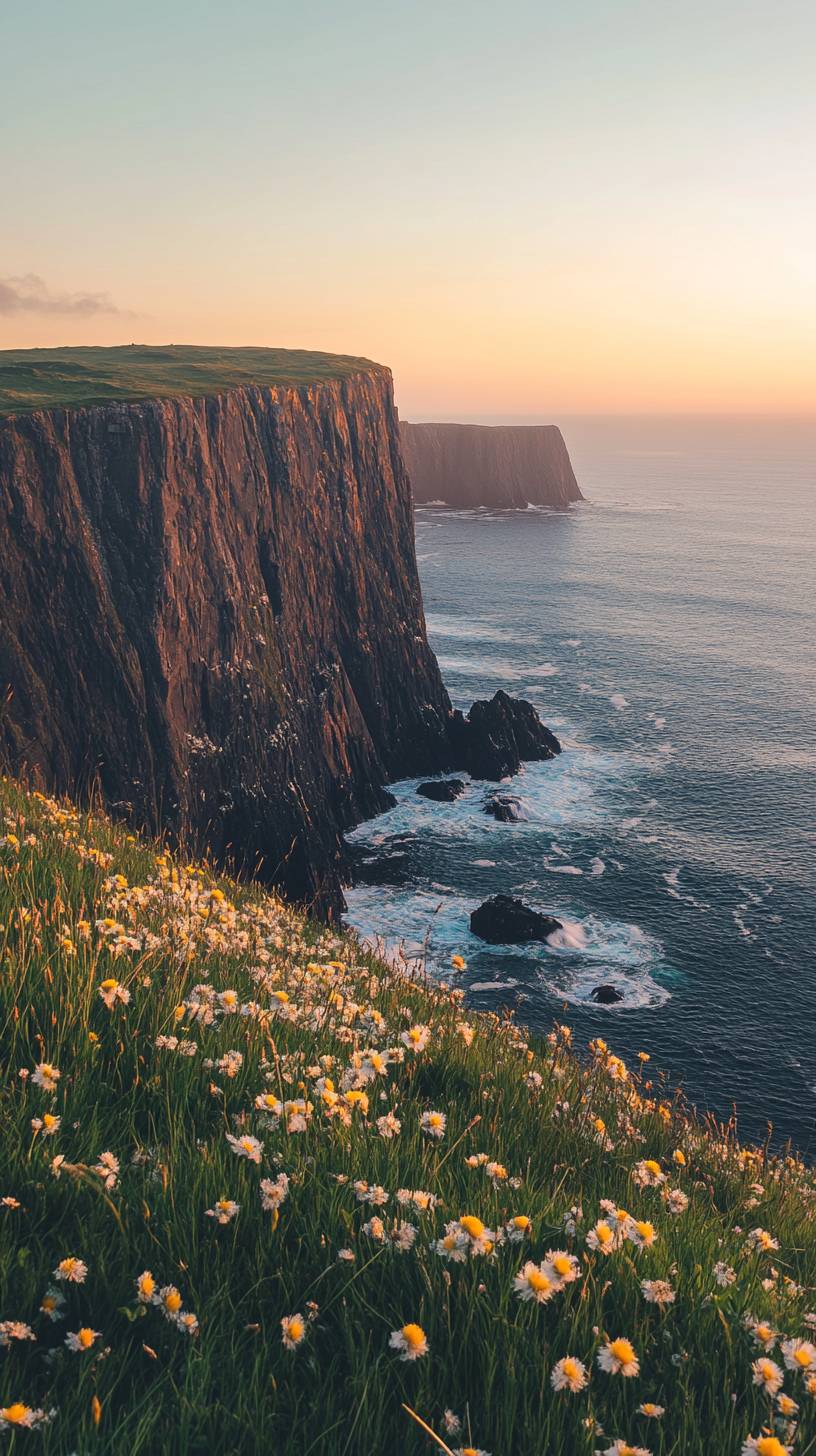 Falaises côtières couvertes d'herbe sauvage, éclaboussures océaniques et lumière du coucher de soleil montrant une nature dramatique.