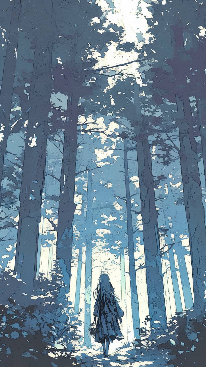 A character walking through a minimalist forest in a peaceful scene.