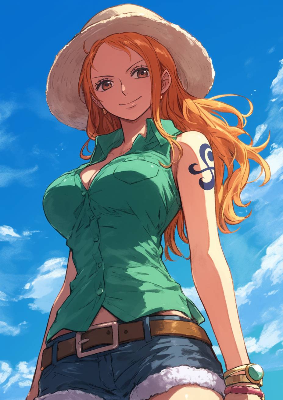 Nami de One Piece usa uma camiseta laranja e bermuda jeans enquanto caminha na praia com um mapa.