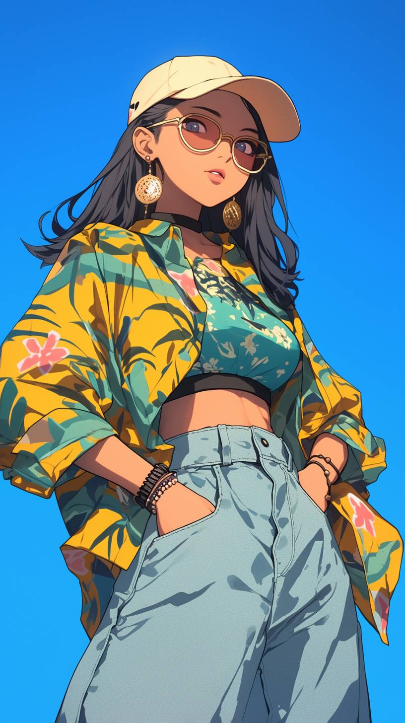 Chica de anime malasia con blusa floral brillante y pantalones sueltos, sandalias y joyería llamativa, en un vibrante paisaje urbano tropical.