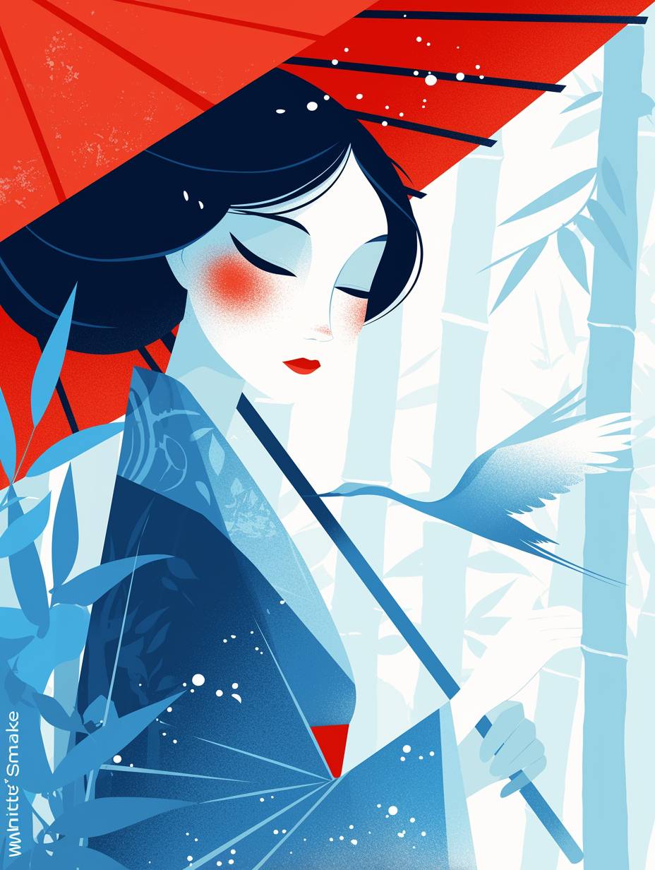 An elegant woman resembling 'White Snake' holding an umbrella in a minimalist illustration with white as the main color against a dark background.