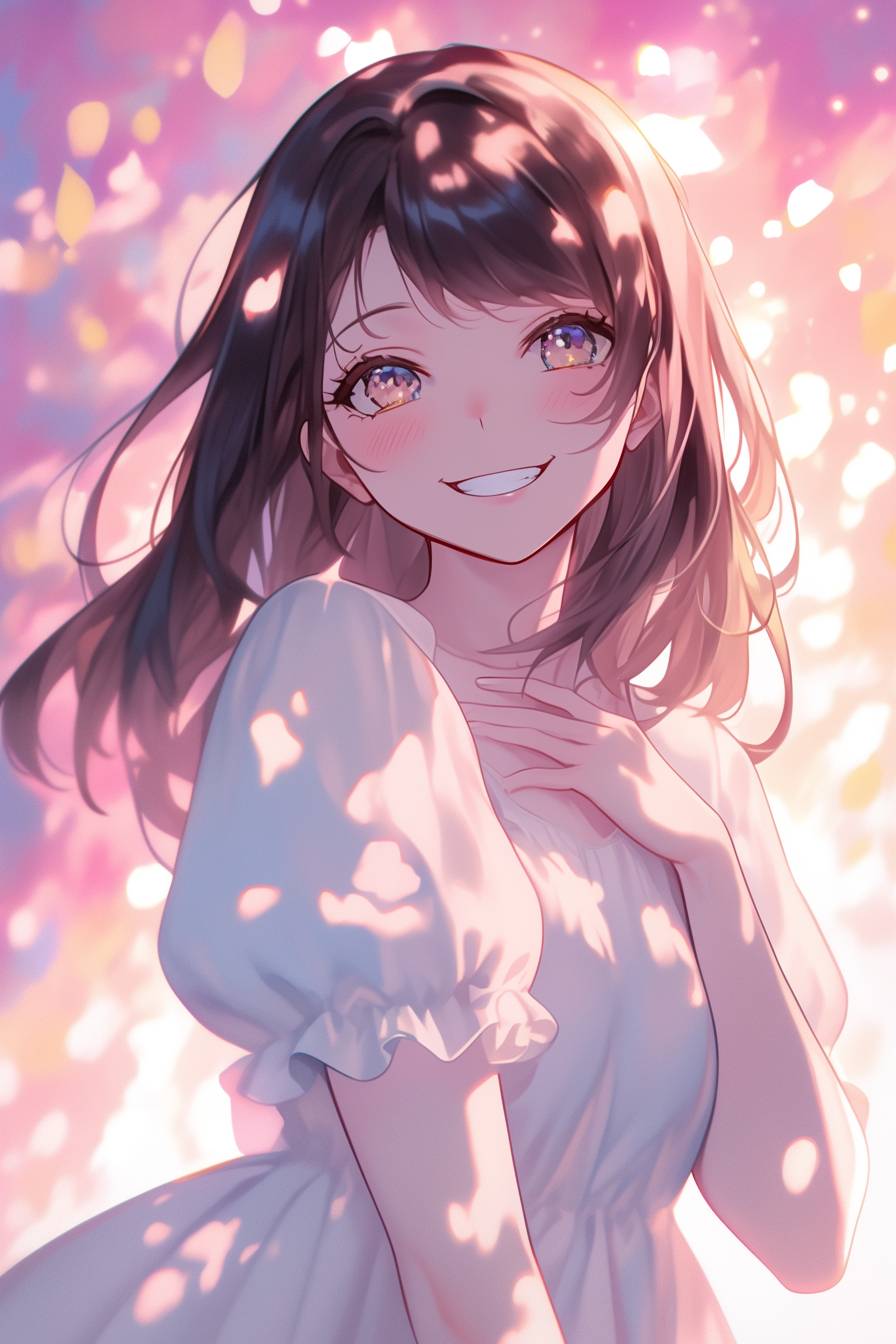 A stylized anime girl with a peaceful smile and soft blurred colors in the background.