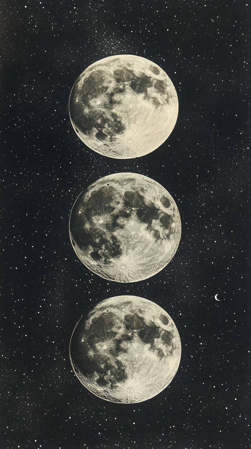 Collage de fases lunares con mapeo de cráteres detallados y fondo estrellado.