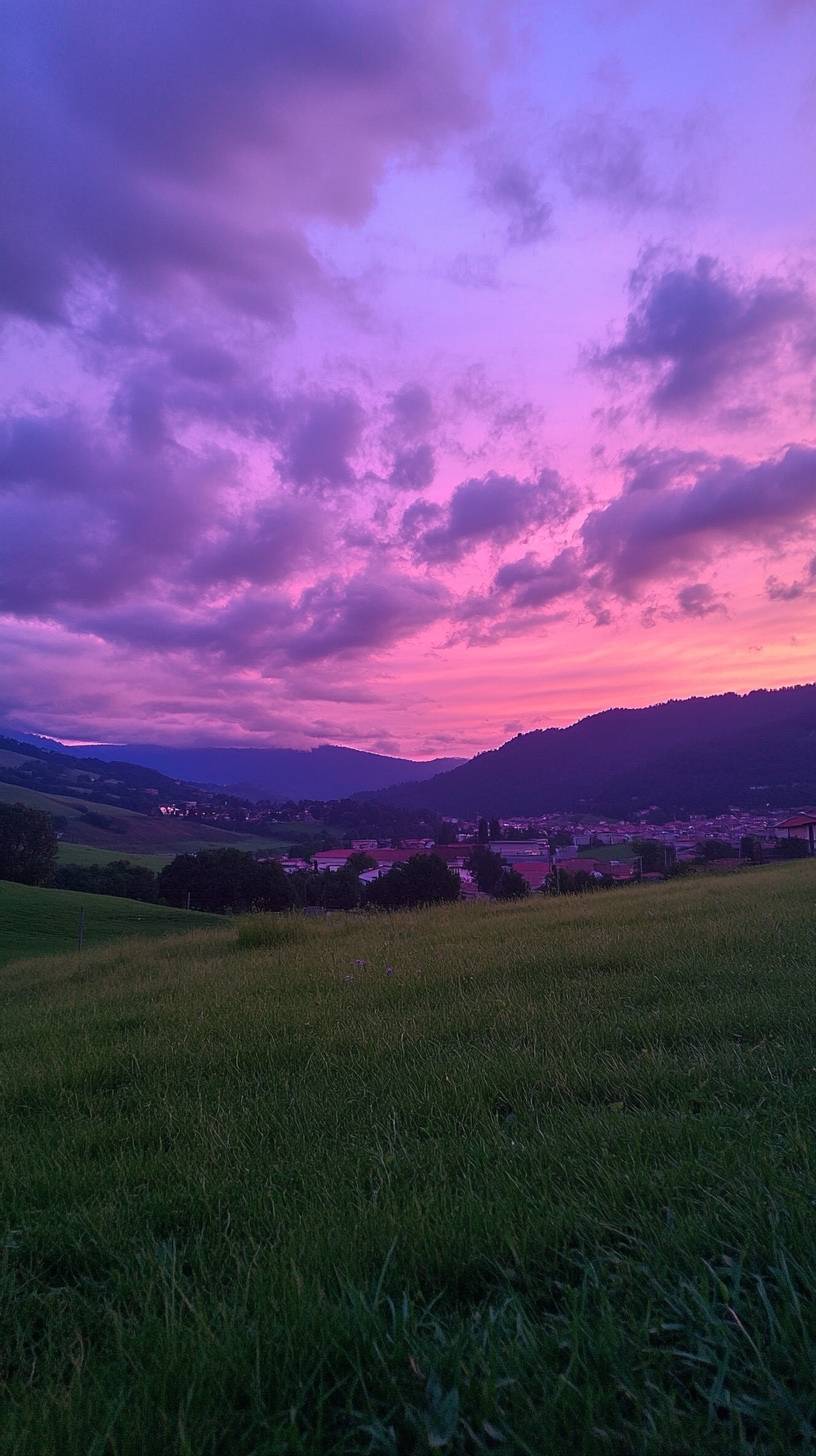 夕暮れ時の柔らかい雲、紫からピンクへグラデーション、穏やかで落ち着く。