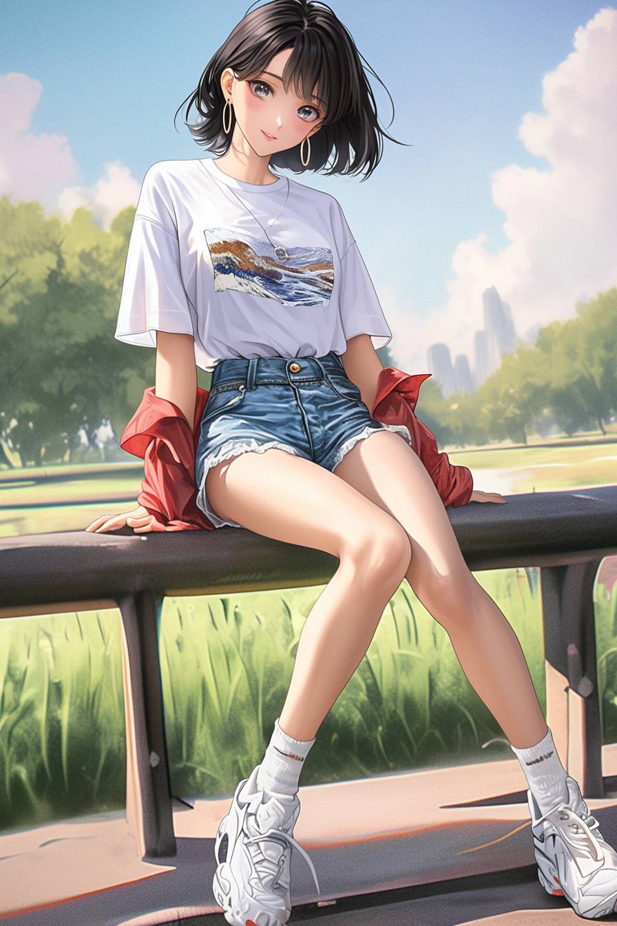 Ein Mädchen in einem lässigen grafischen T-Shirt, hoch-taillierten Jeansshorts, weißen Turnschuhen und kleinen Creolen, vor einem Stadtpark-Hintergrund.